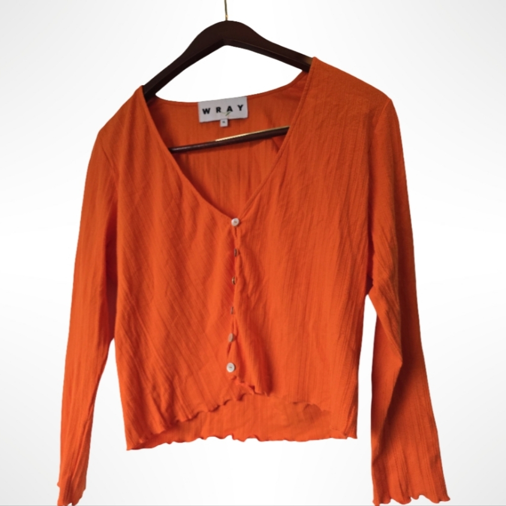 🍊✨ Anthropologie WRAY Orange Ribbed Lettuce Edge Button Down Cardigan XL - Picture 8 of 11